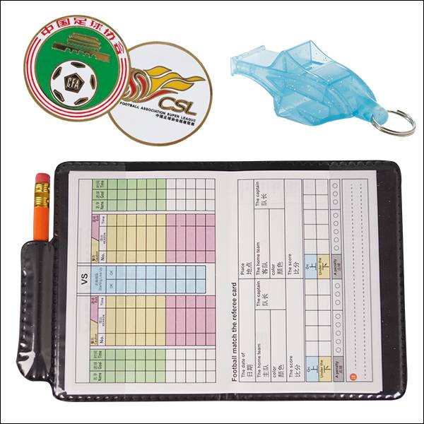 The football referee's flag picker and the red and yellow-plated referee's watch and the flag is cut off
