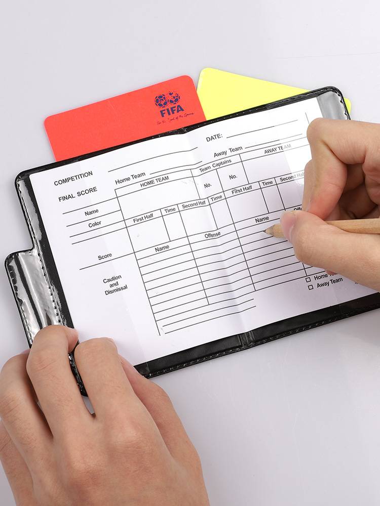 Soccer referee's set, football referee's red yellow hand and pen, yellow red picker whistle suit