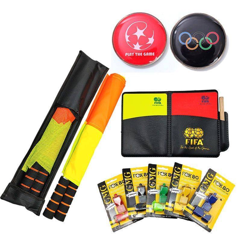 Red and yellow cards+red and black picking wares+mouth whistle+flag