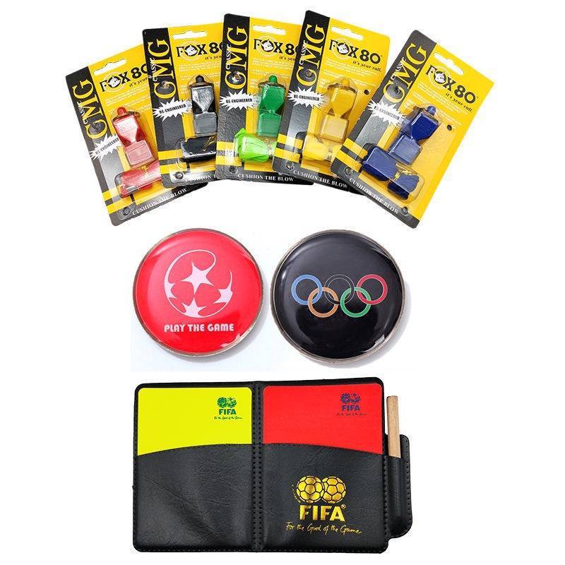 Red and yellow card+pick coin+Fox mouth whistle