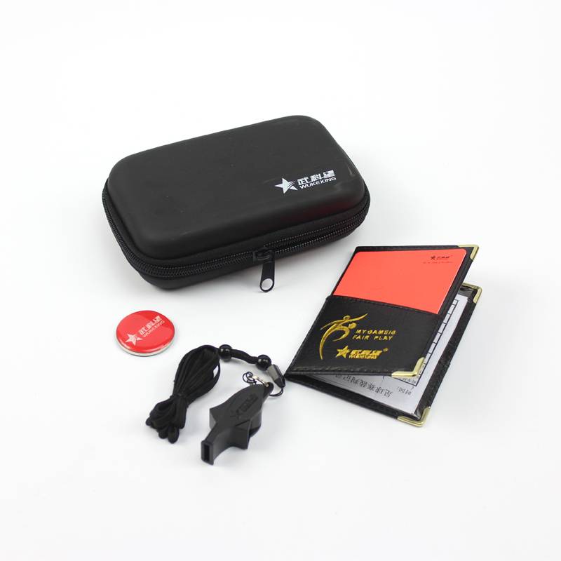 Soccer referee's supplies and equipment, and a slinger's bag like red and yellow