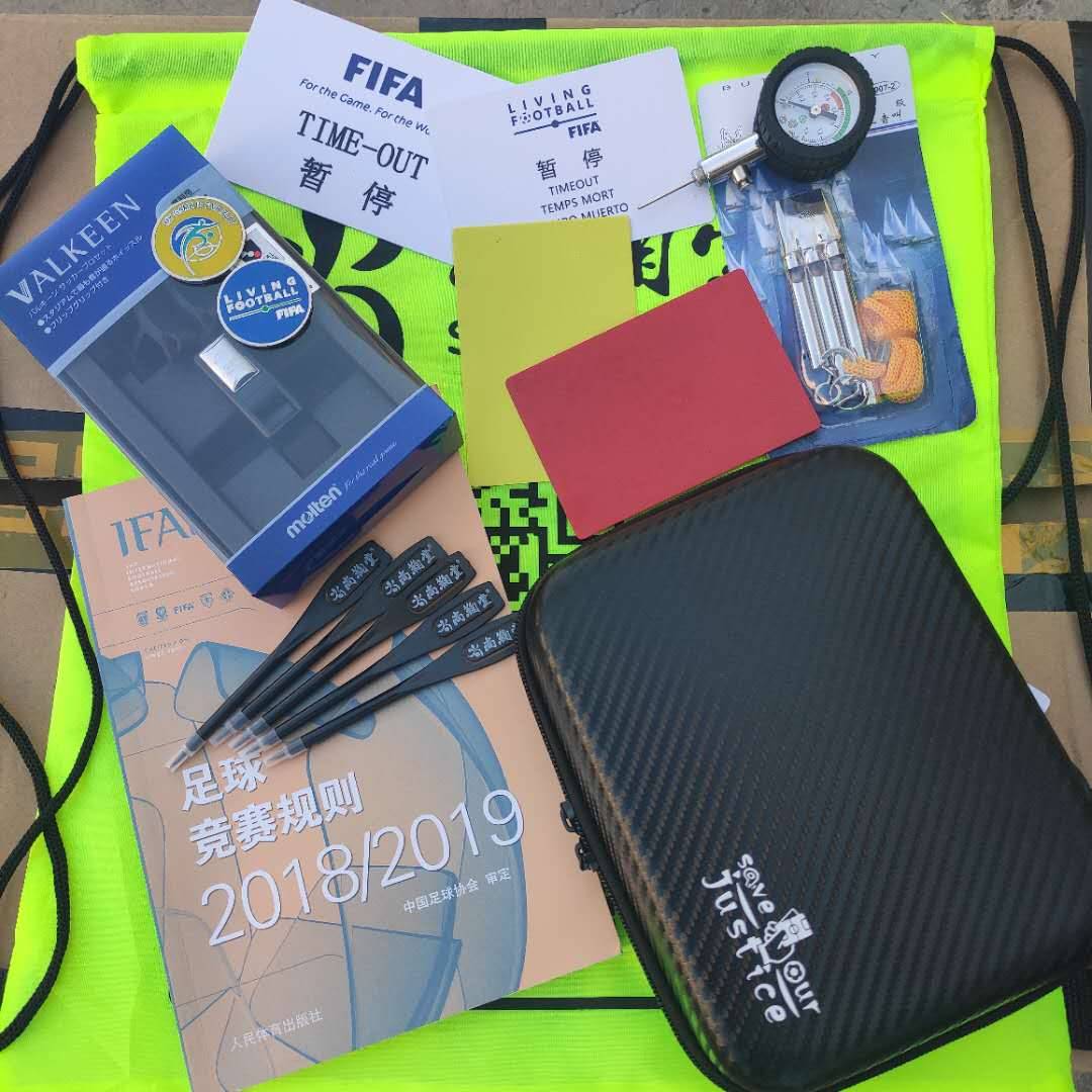 Soccer referee's set, football referee's red yellow hand and pen, yellow red picker whistle suit