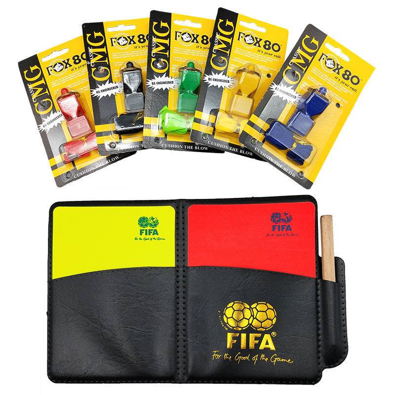 Red and yellow card+mouth whistle