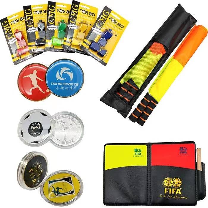 Soccer referee's set, football referee's red yellow hand and pen, yellow red picker whistle suit
