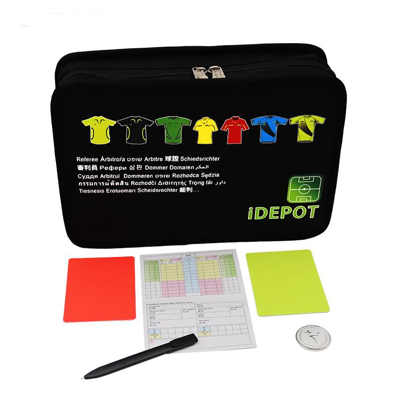 Soccer referee's set, football referee's red yellow hand and pen, yellow red picker whistle suit