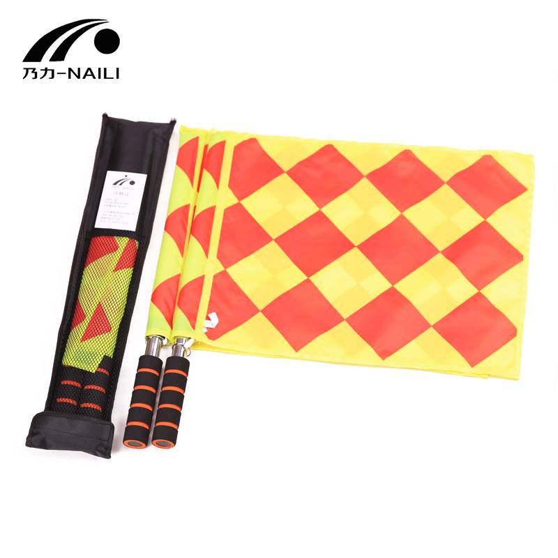 Soccer referee for football, red-and-yellow football, flag-and-screech-screecher