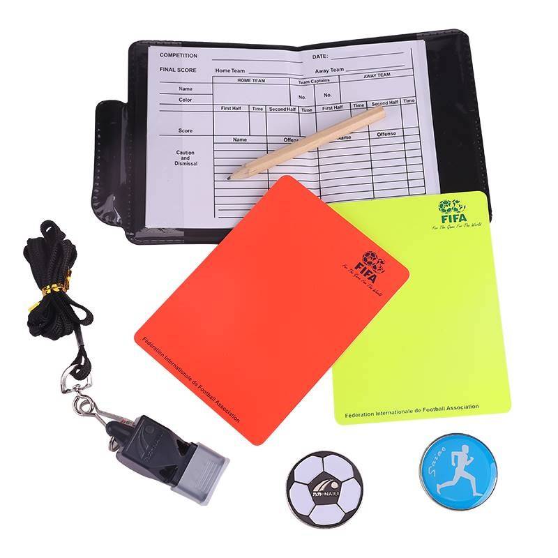 Soccer game referee kit with a red-and-yellow placard