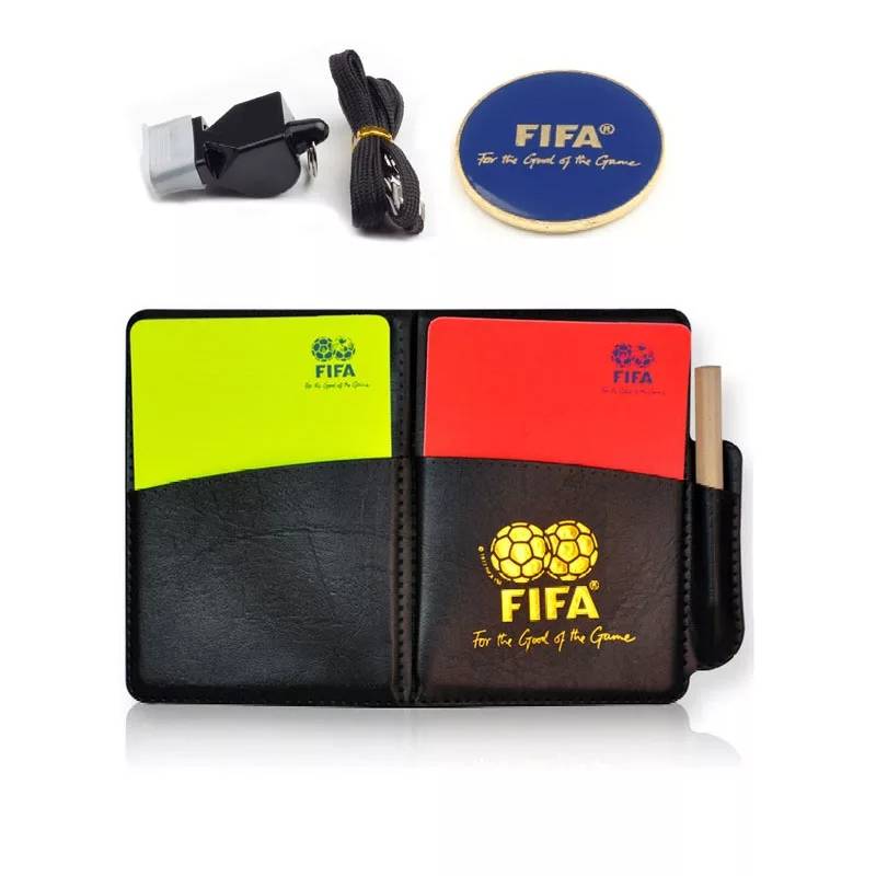 Soccer referee's set, football referee's red yellow hand and pen, yellow red picker whistle suit