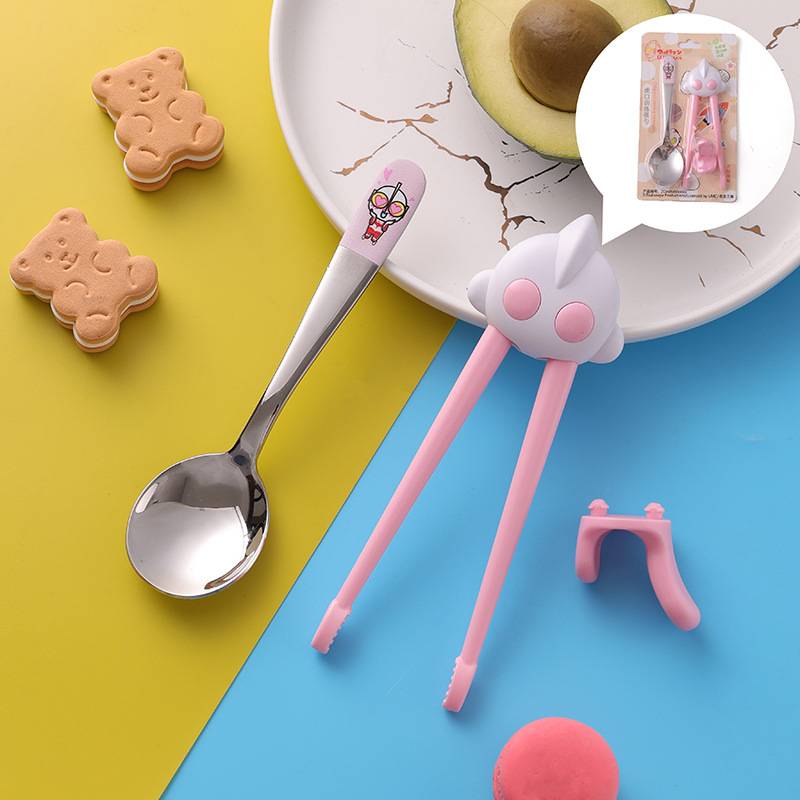 Pink practice chopsticks+spoon