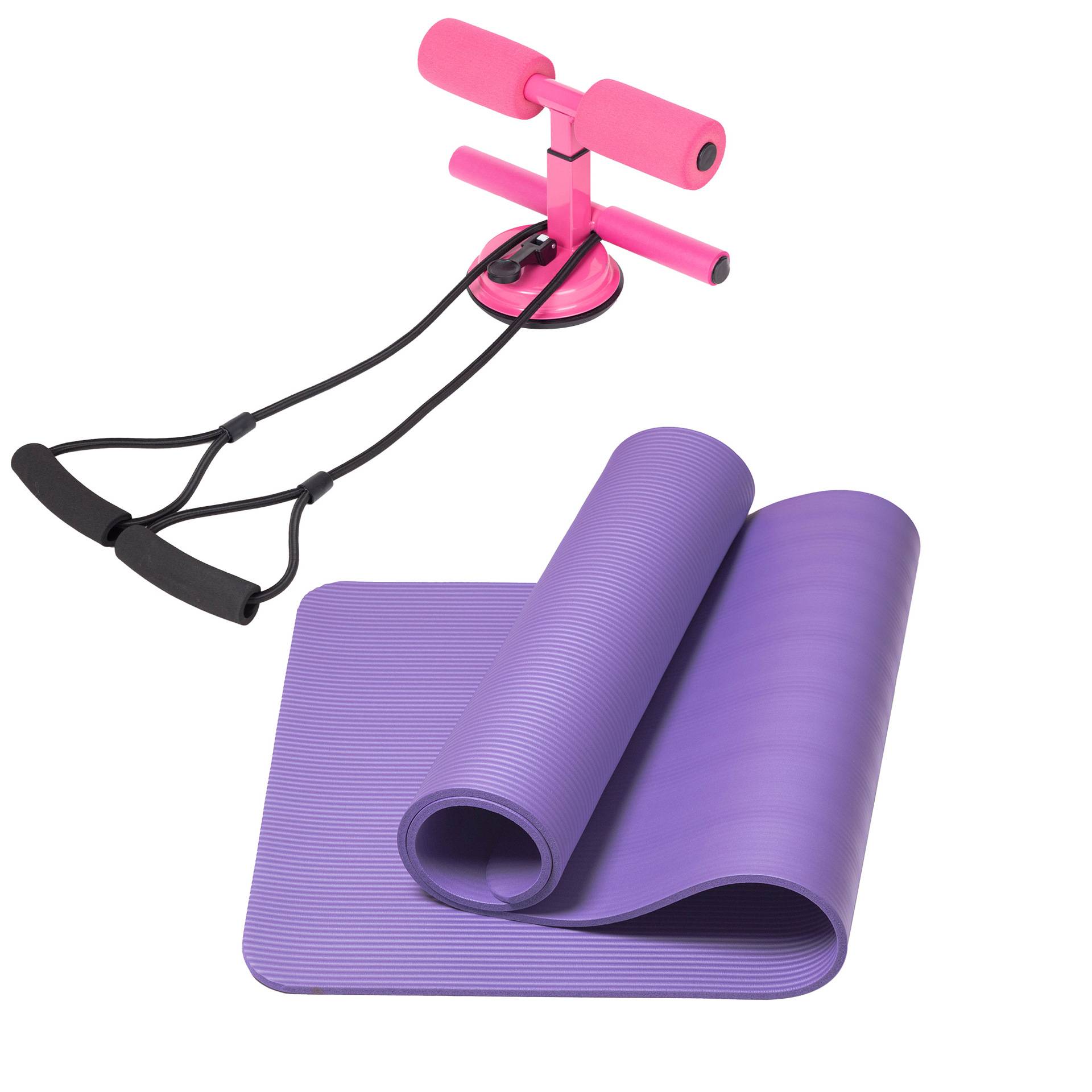 Pink double bar round belly rollers+pull rope+yoga mat