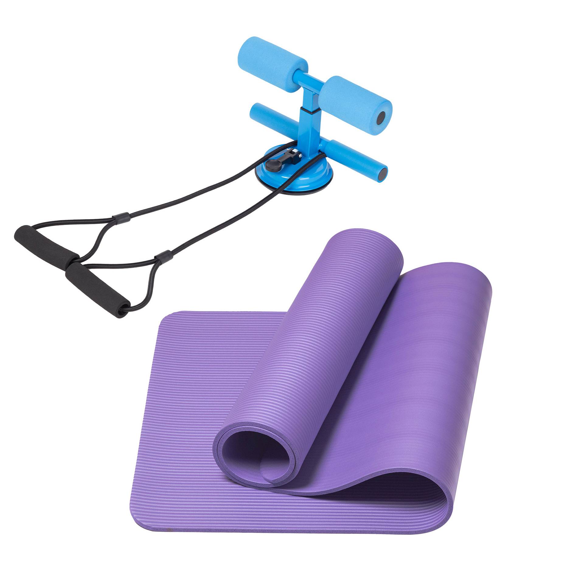 Blue double -bar round belly roller+pull rope+yoga mat