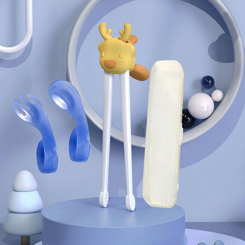 Upgrade tiger mouth chopsticks-lemon yellow+training fork spoon+storage box