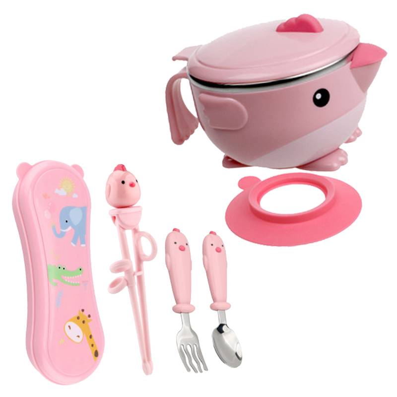 Pink chicks Learn for chopsticks four -piece set+pink water injection bowl