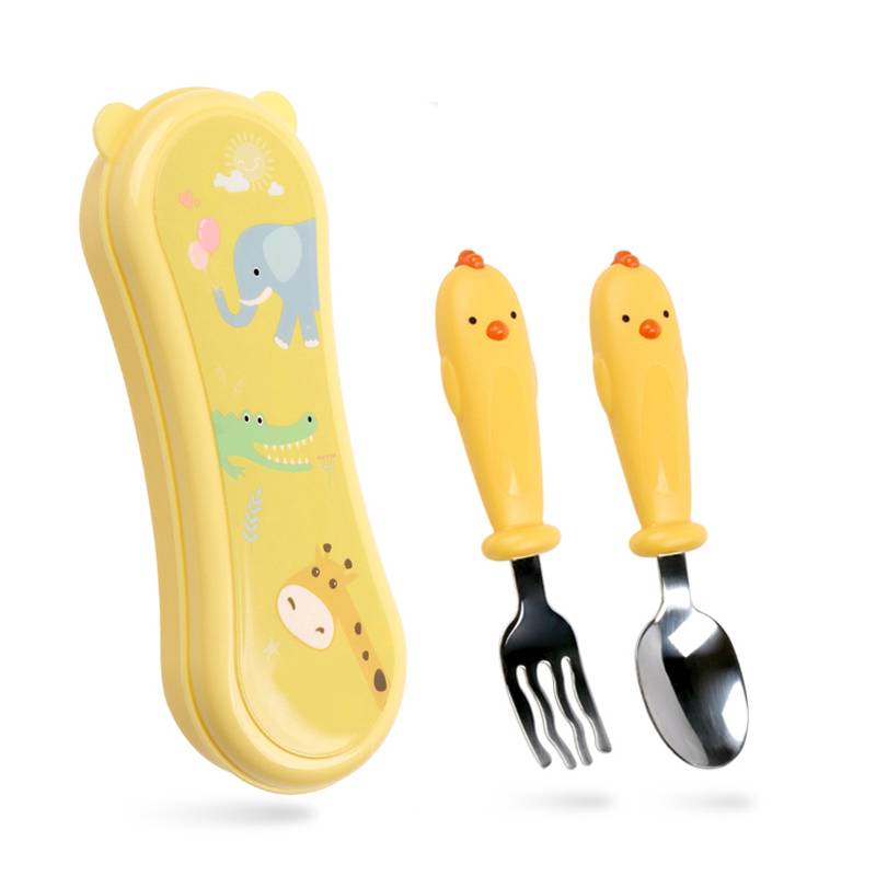 Yellow chick spoon+fork+box
