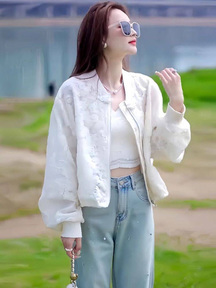 European goods heavy worker lace embroidered pearl plate buckle baseball clothing female spring and summer sunscreen short loose, thin thin top