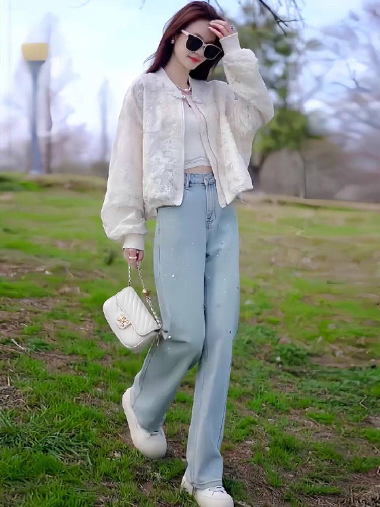European goods heavy worker lace embroidered pearl plate buckle baseball clothing female spring and summer sunscreen short loose, thin thin top