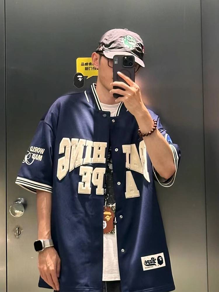 Tide brand BAPE short -sleeved male apes head letter stand -in -collar moral embroidery casual hip -hop loose baseball uniform female shirt