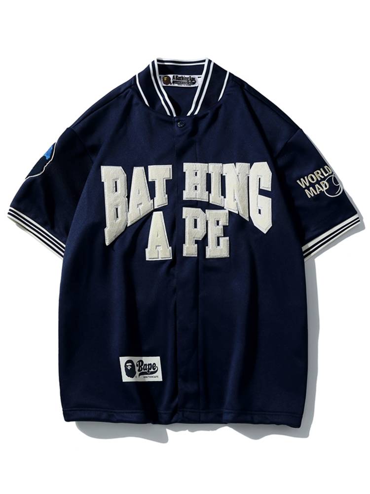 Tide brand BAPE short -sleeved male apes head letter stand -in -collar moral embroidery casual hip -hop loose baseball uniform female shirt