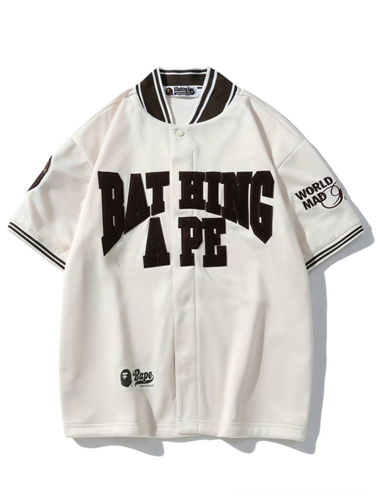 Tide brand BAPE short -sleeved male apes head letter stand -in -collar moral embroidery casual hip -hop loose baseball uniform female shirt