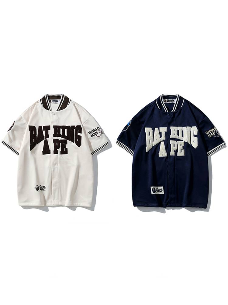 Tide brand BAPE short -sleeved male apes head letter stand -in -collar moral embroidery casual hip -hop loose baseball uniform female shirt