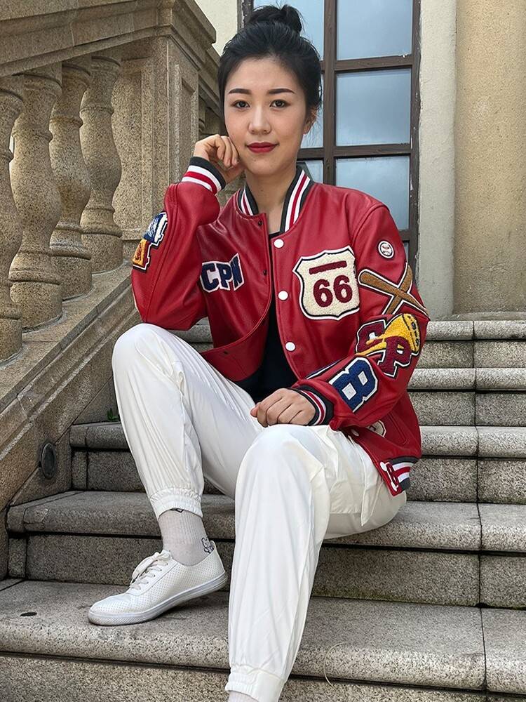 The head layer imported soft calf leather multi -standard embroidered leather leather leather clothing men and women youth jacket baseball uniform locomotive