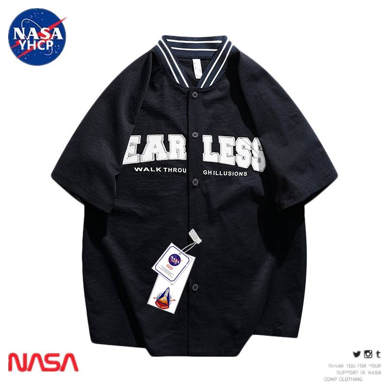 NASA co -branded ice feel summer men's Japanese T -shirt cardigan men's short -sleeved baseball uniform leisure shirt tide brand