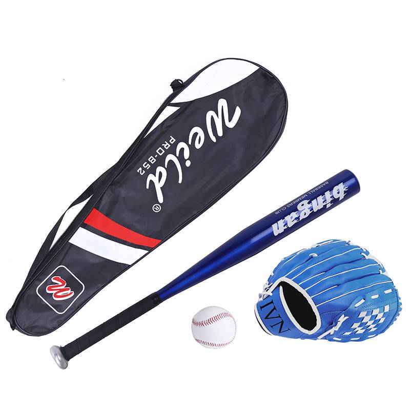 Blue baseball glove+blue stick+baseball+bag