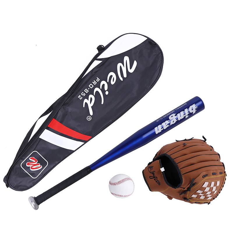 Brown baseball glove+blue stick+baseball+bag