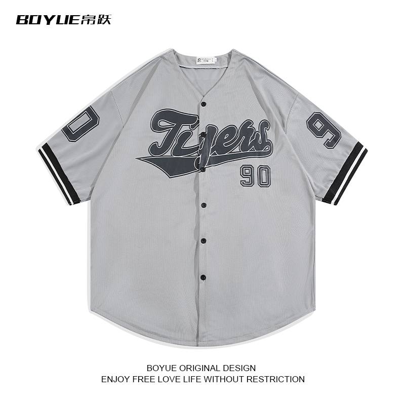 Boyue leap letter alphabet baseball shirt summer sports V -neck loose youth tide male ins short -sleeved shirt