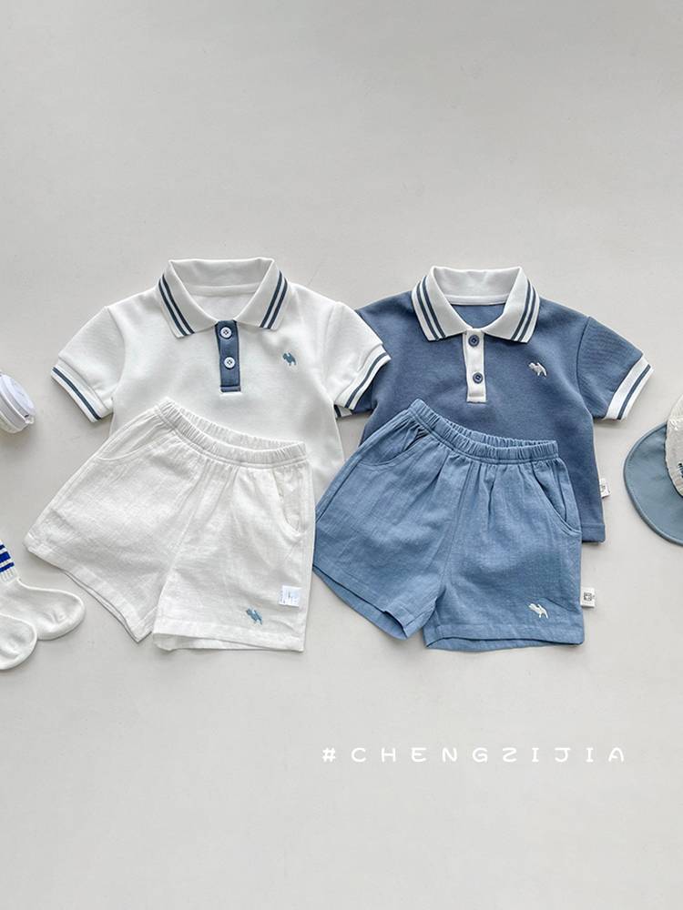Boys short -sleeved POLO shirt put on summer baby T -shirt shorts, two -piece female baby Korean sports baseball uniform