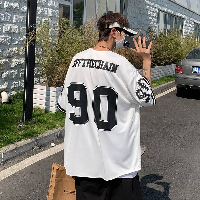 Courtes of cardigan short -sleeved T -shirt Men's summer INS Hong Kong style retro baseball uniform top tidal brand loose and handsome five -point sleeve