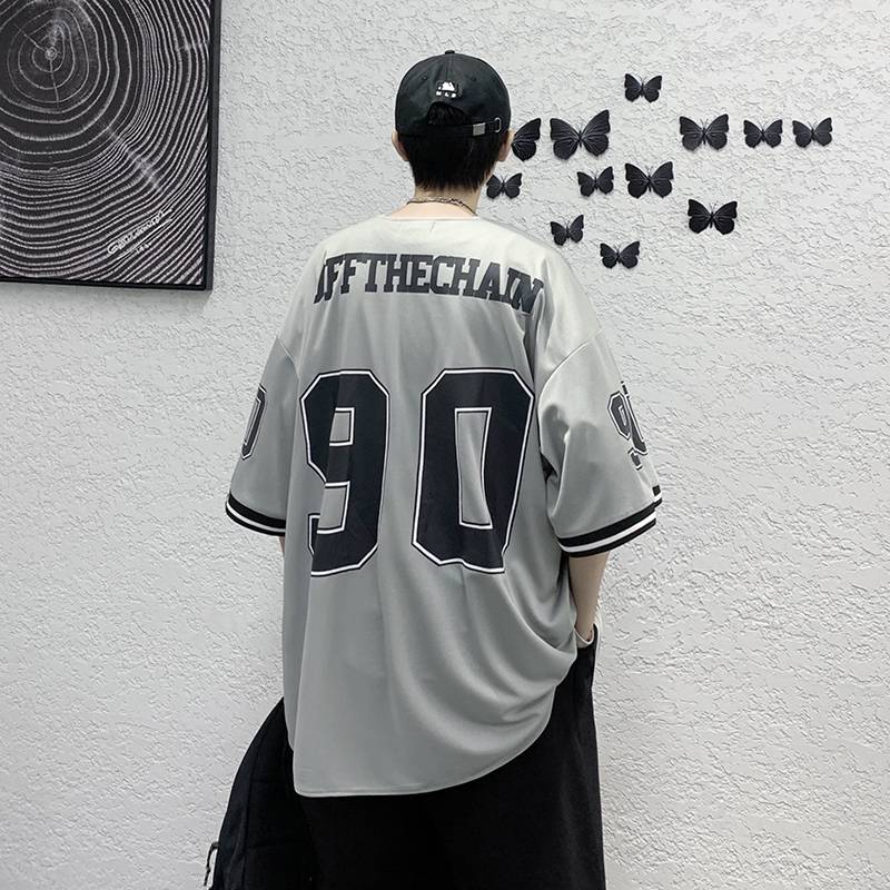 Courtes of cardigan short -sleeved T -shirt Men's summer INS Hong Kong style retro baseball uniform top tidal brand loose and handsome five -point sleeve