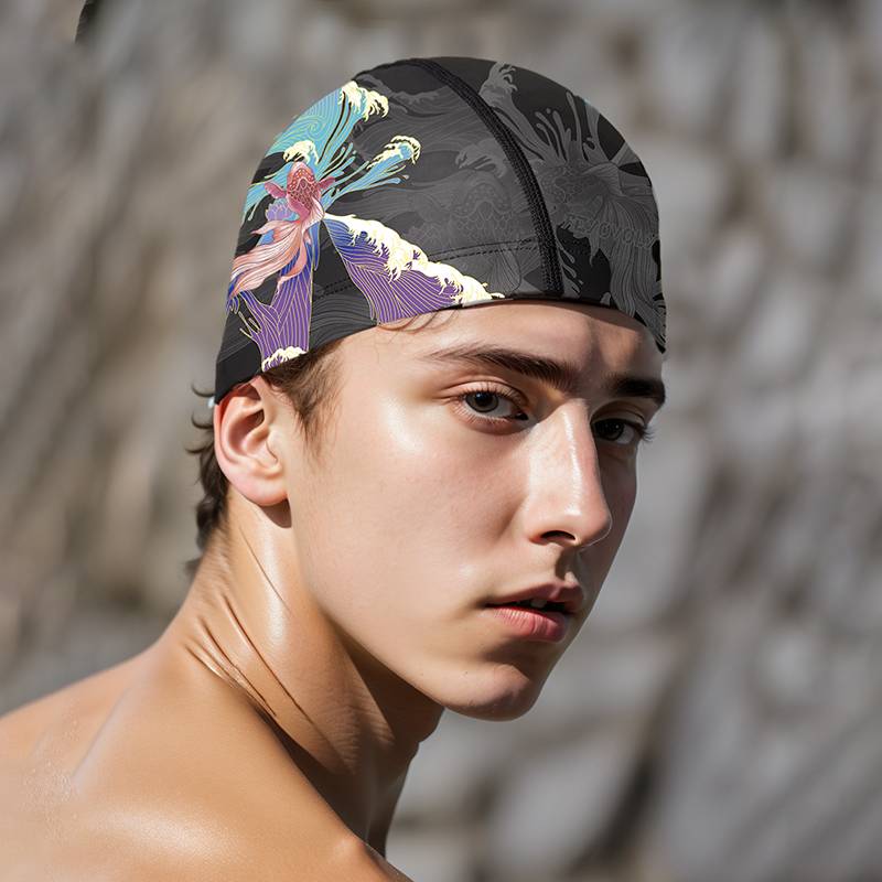 Flying Fish Future Swimming Hat. Men and women with long hairs on top of their big, cosmopolitan, adult swim hats