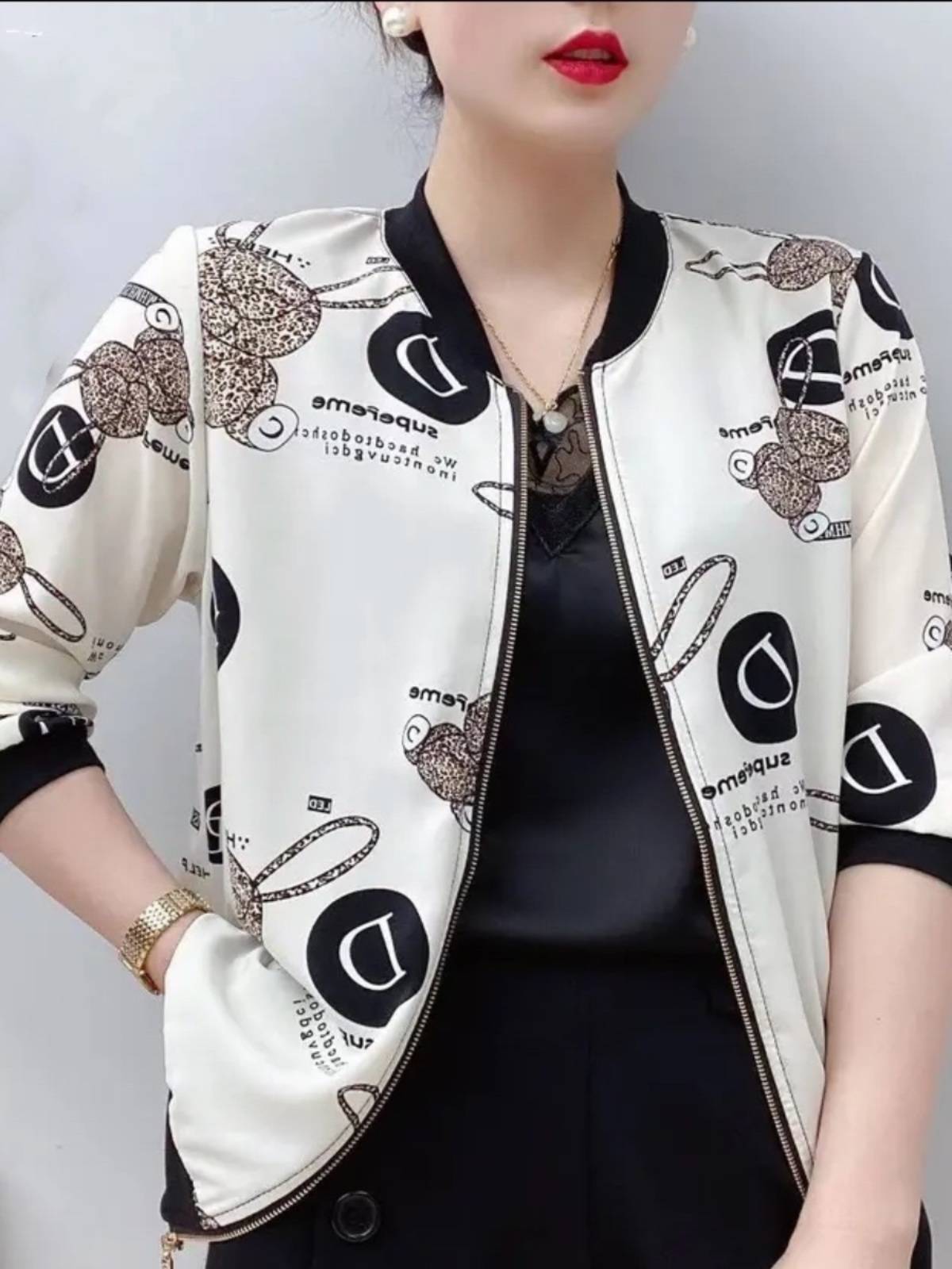 Mom in chiffon printing fashion cardigan long -sleeved jacket 2024 spring new large size loose and versatile baseball uniform