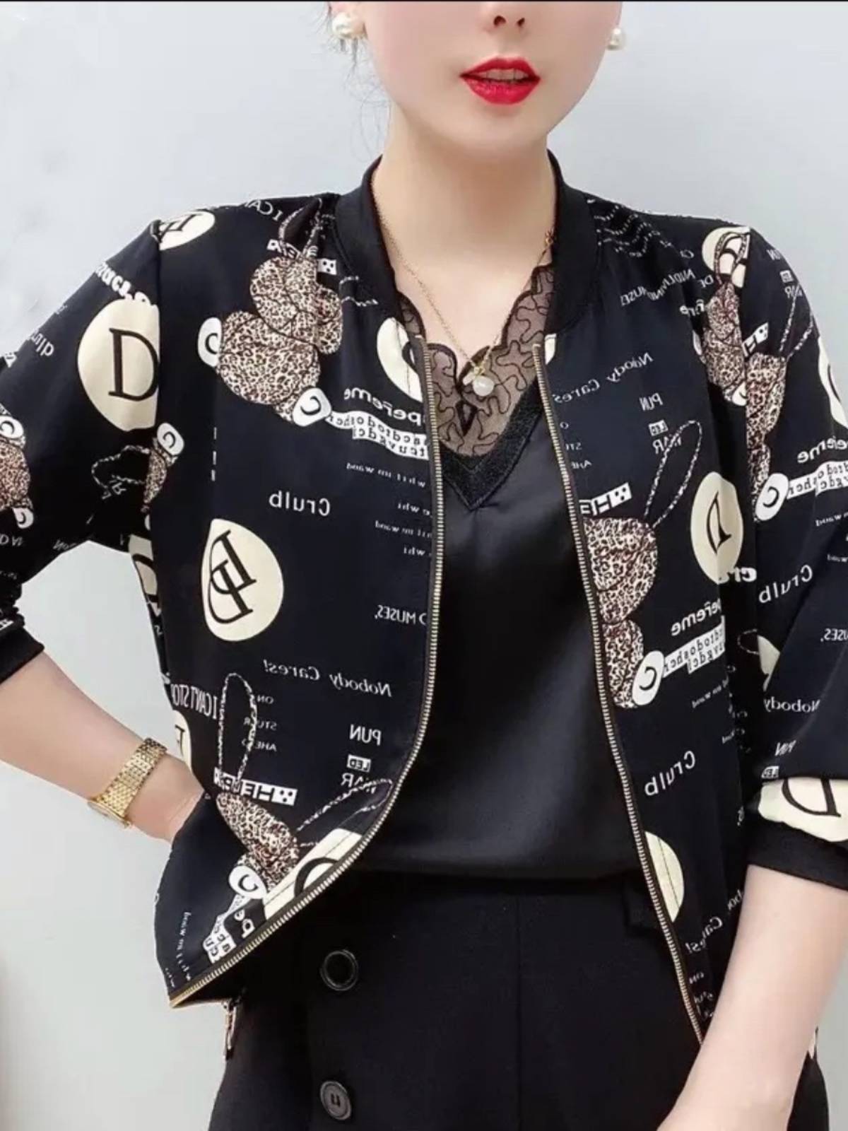 Mom in chiffon printing fashion cardigan long -sleeved jacket 2024 spring new large size loose and versatile baseball uniform