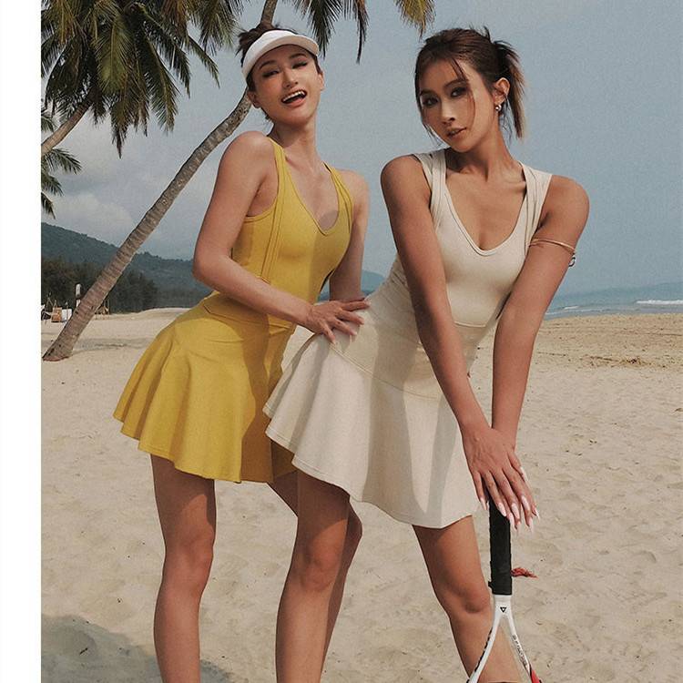 2022 new beautiful back dress short run tennis skirt yoga clothes sports fitness set summer female
