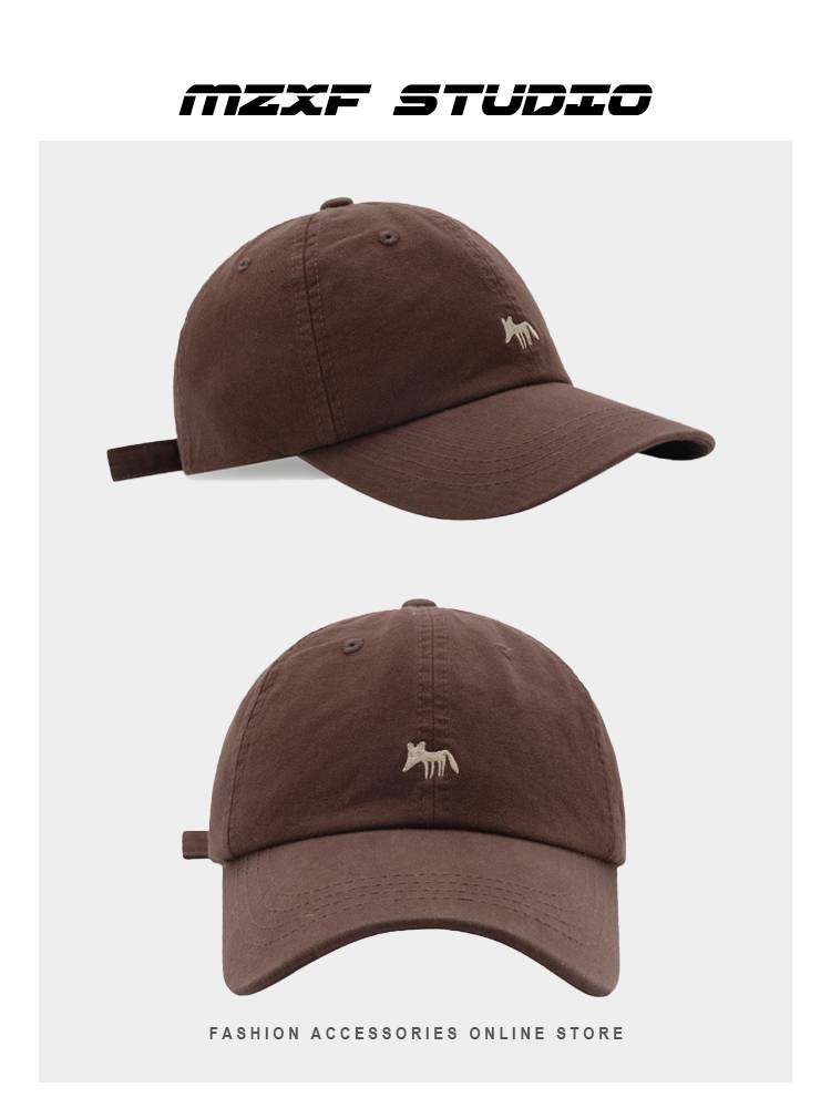 2024 new Korean version of the embroidered little fox pure cotton baseball hat, men and women wide -eaves, duckling tongue hat shading