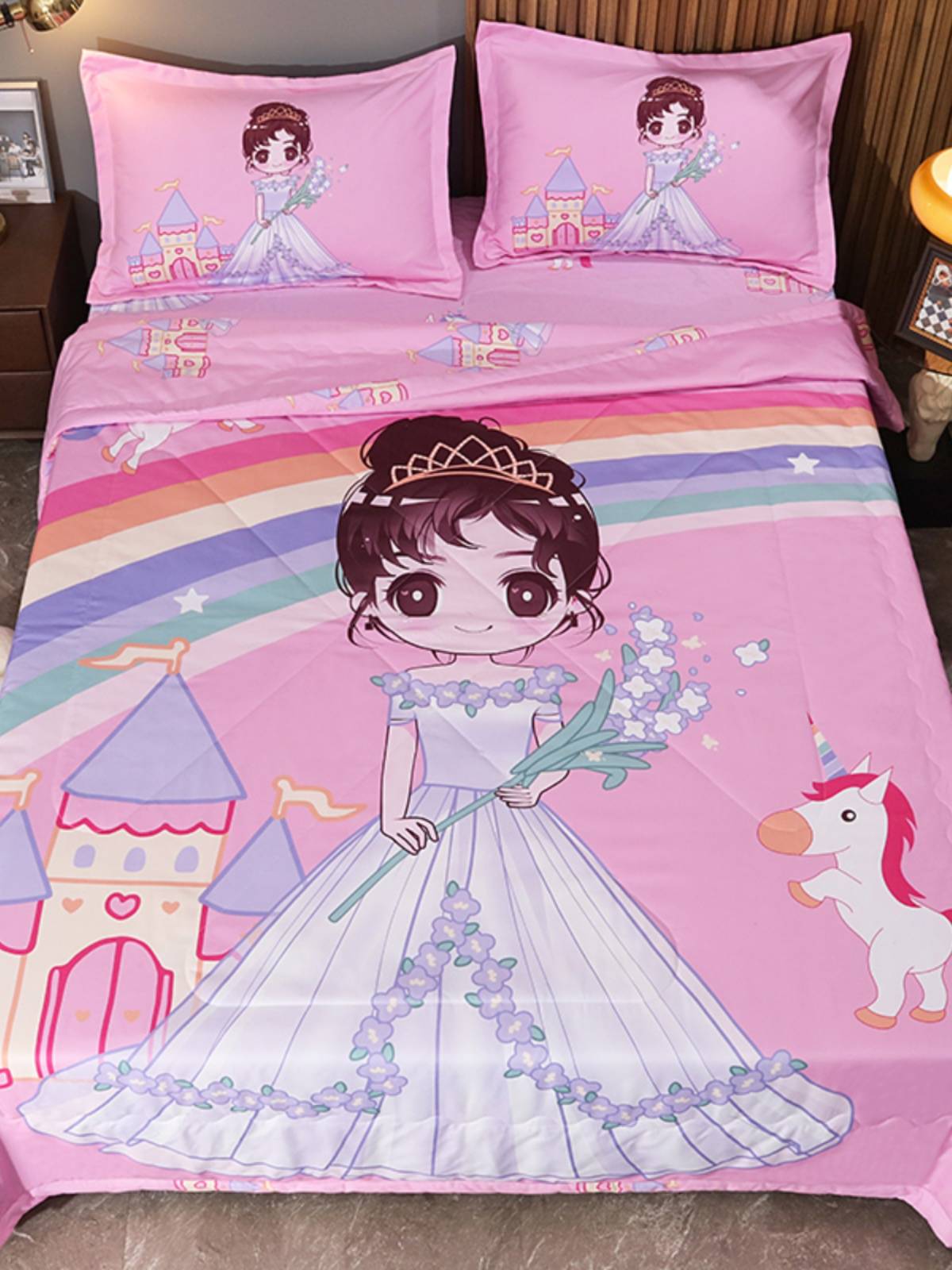 Cartoon children's non -pure cotton air -conditioning quilts by four sets of summer is thin and washed three pieces of Ultraman boy Pikachu bed