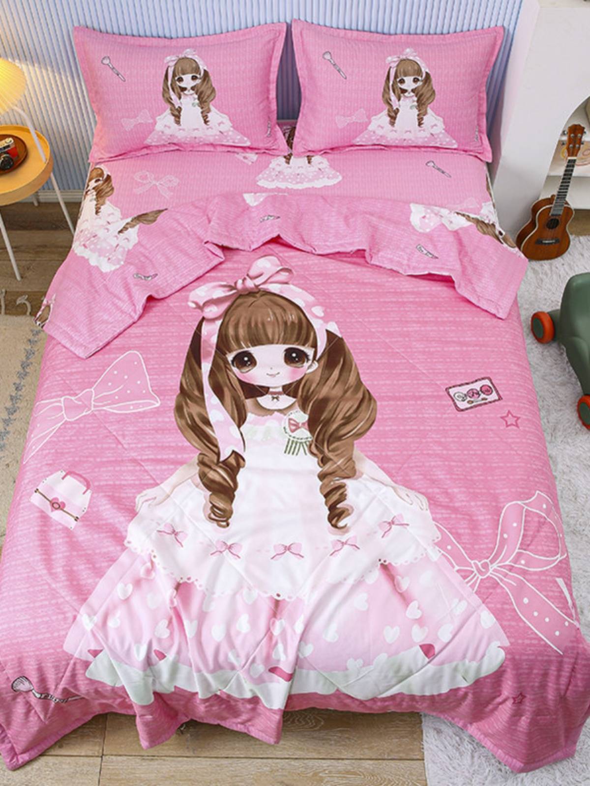 Cartoon children's non -pure cotton air -conditioning quilts by four sets of summer is thin and washed three pieces of Ultraman boy Pikachu bed
