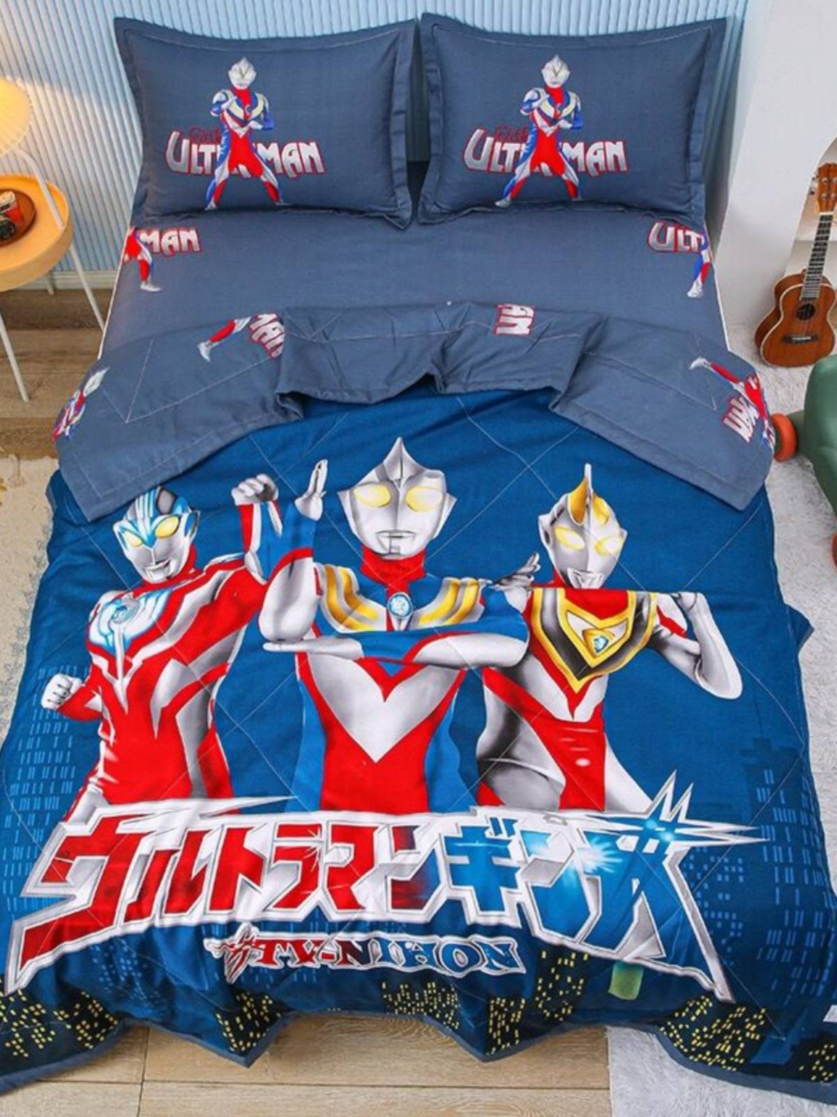 Cartoon children's non -pure cotton air -conditioning quilts by four sets of summer is thin and washed three pieces of Ultraman boy Pikachu bed