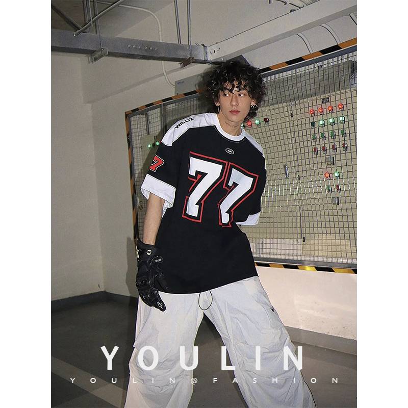 American retro rugby jacket T -shirt Men's summer ice hockey baseball baseball clothing short -sleeved heavy tide sports half -sleeved