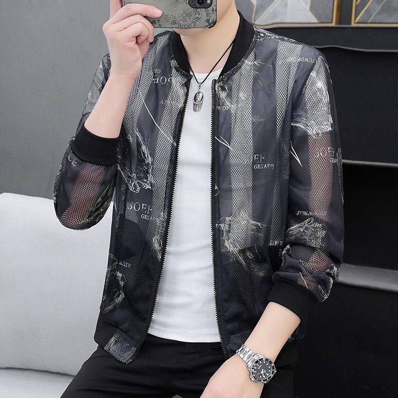Internet celebrity sunscreen, trendy skin, thin air, breathable hollow baseball collar jacket male soil top clothes summer jacket