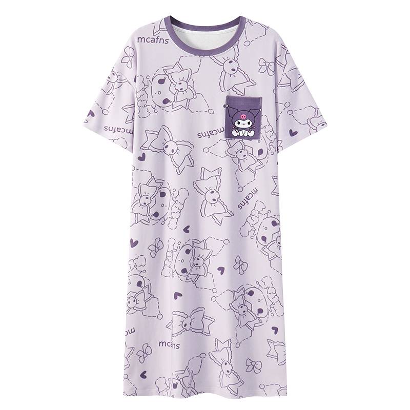 Bringing a chest pad night dressing female summer short -sleeved pure cotton thin size Kuromi pajamas women pregnant women's home clothing stripes