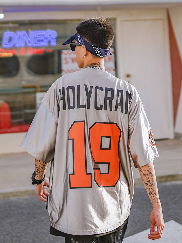 Holycrap hip -hop jersey short -sleeved cardigan West coast reflecting silver hiphop hip -hop baseball T -shirt tide