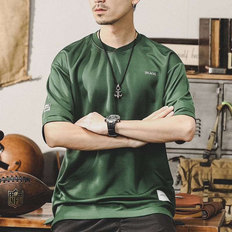 Gearien Baseball Collar (Monk) hollow, breathable short -sleeved T -shirt Men's summer ins tide brand loose American sports