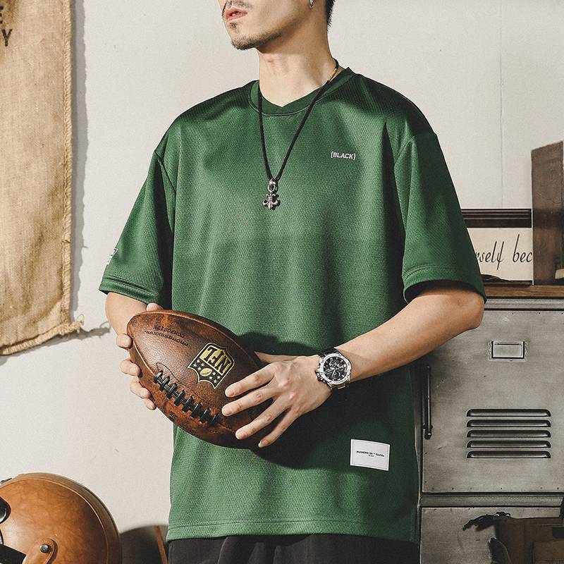 Gearien Baseball Collar (Monk) hollow, breathable short -sleeved T -shirt Men's summer ins tide brand loose American sports