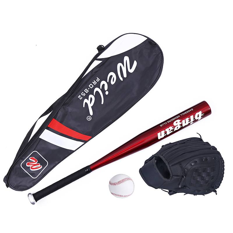 Black baseball gloves+red stick+baseball+bag