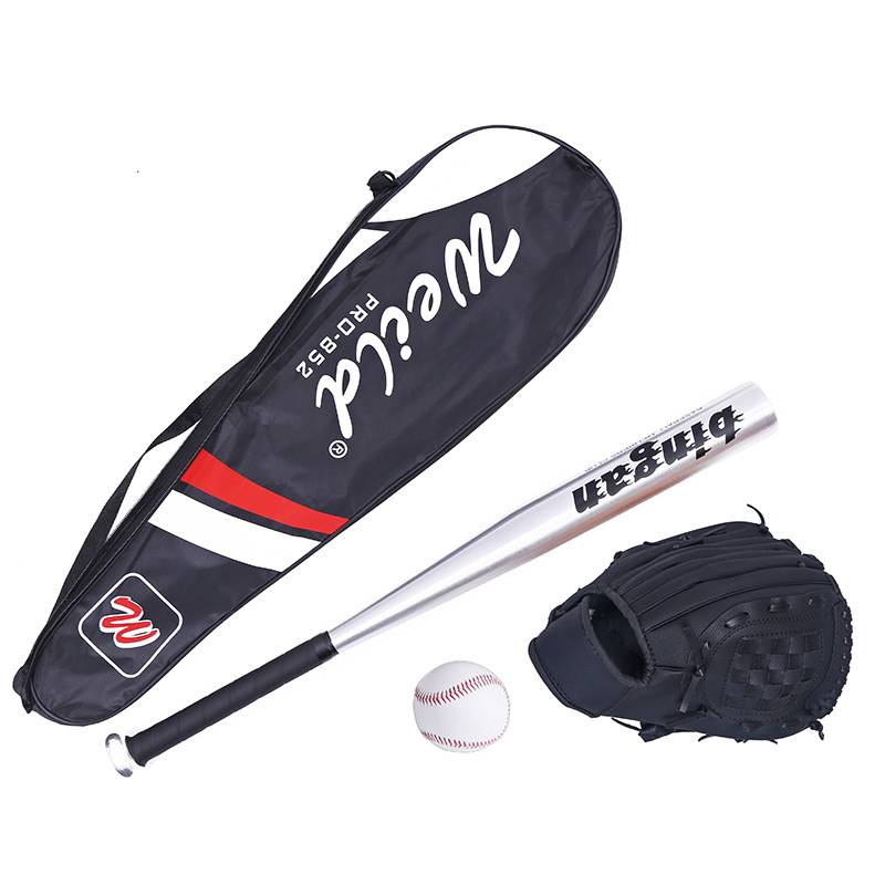 Black baseball glove+silver stick+baseball+bag