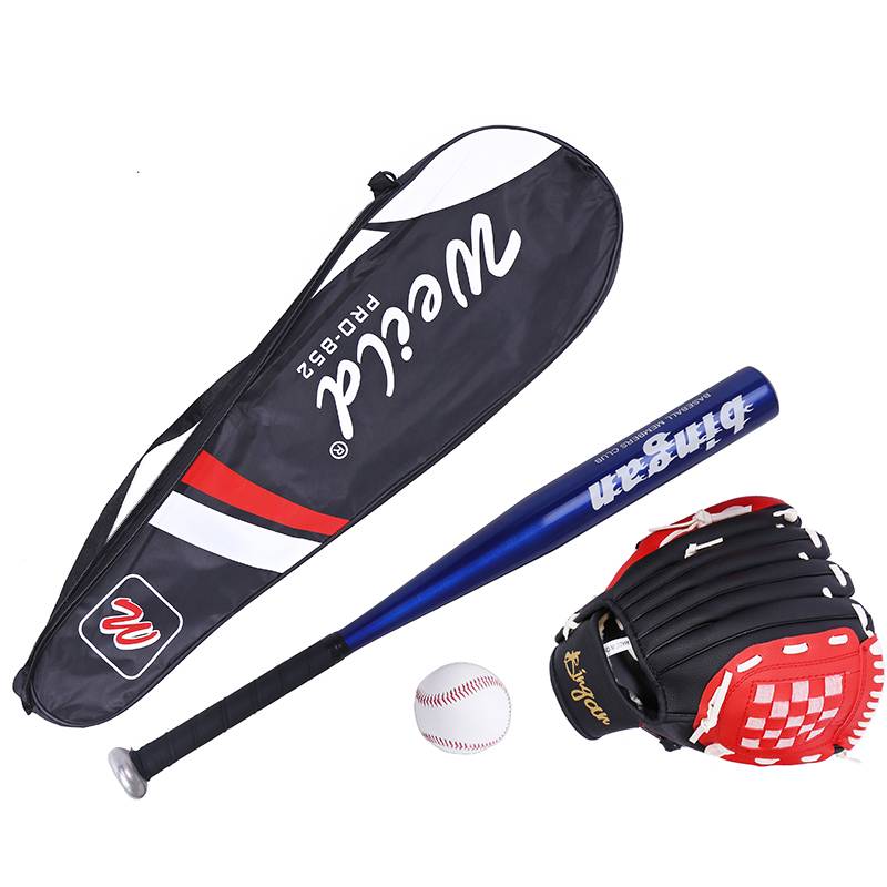 Red and black baseball gloves+blue stick+baseball+bag