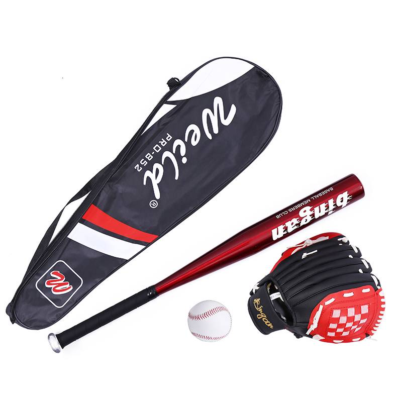 Red and black baseball gloves+red stick+baseball+bag